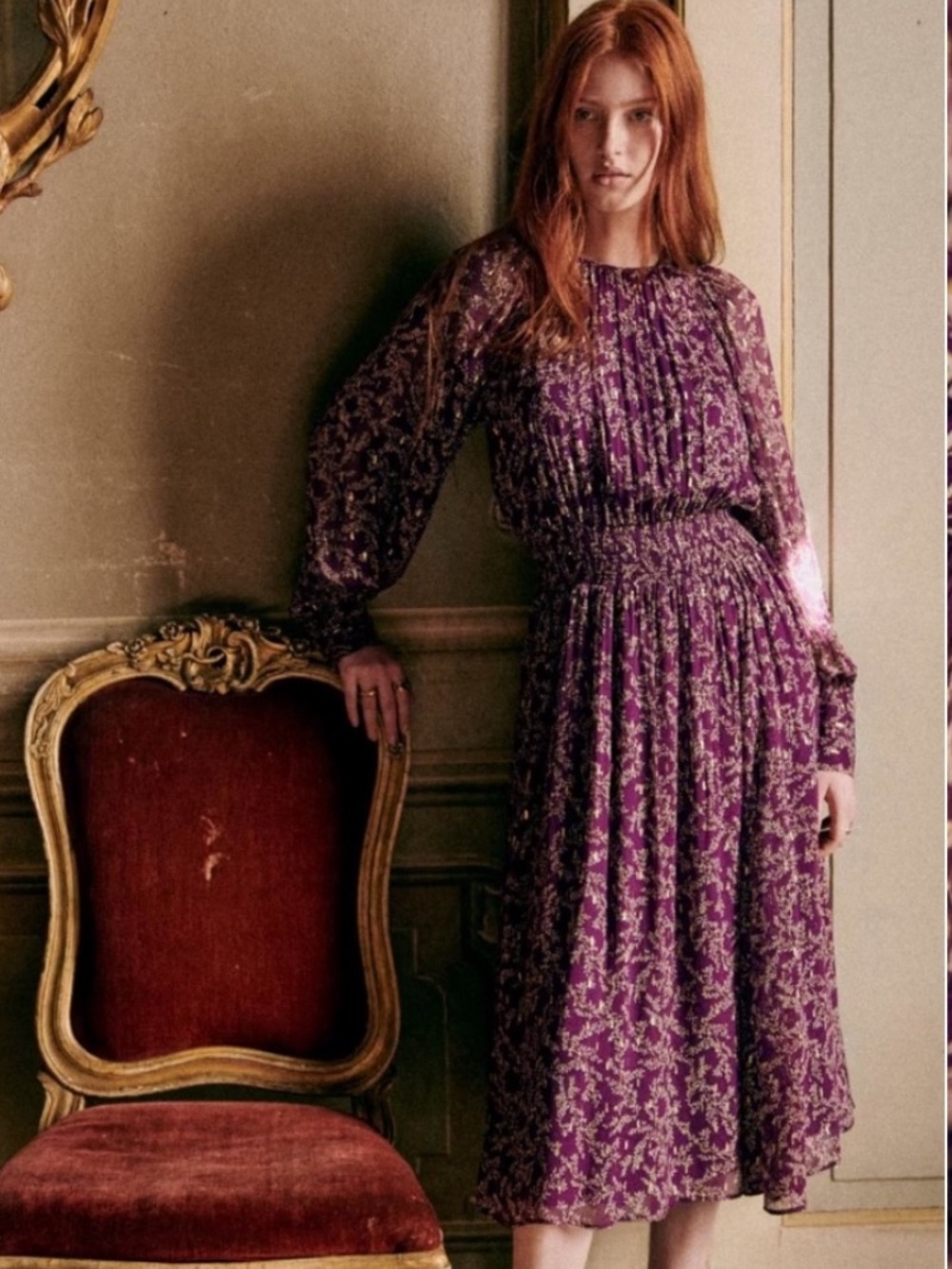 Sรฉzane Priscilla Dress Purple Floral Viscose Chiffon Midi Dress Size 2